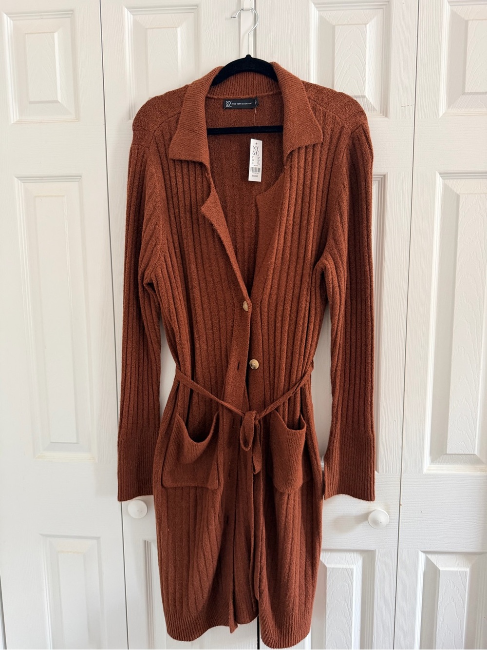 New York & Company Ribbed Belted Cardigan in Rust